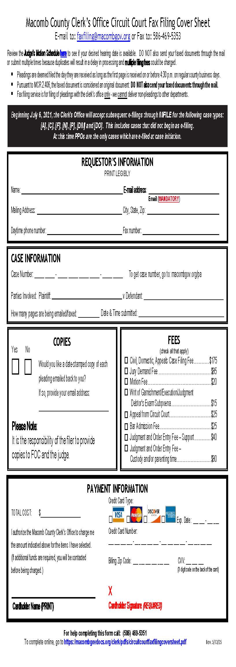 Circuit Court Fax Filing Cover Sheet | Pdf Fpdf Doc Docx | Michigan