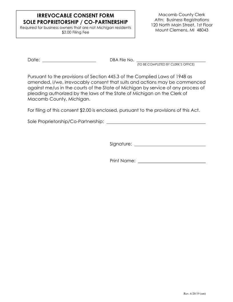 Irrevocable Consent Form Sole Propreitorship Co-Partnership {MC 142} | Pdf Fpdf Docx | Michigan