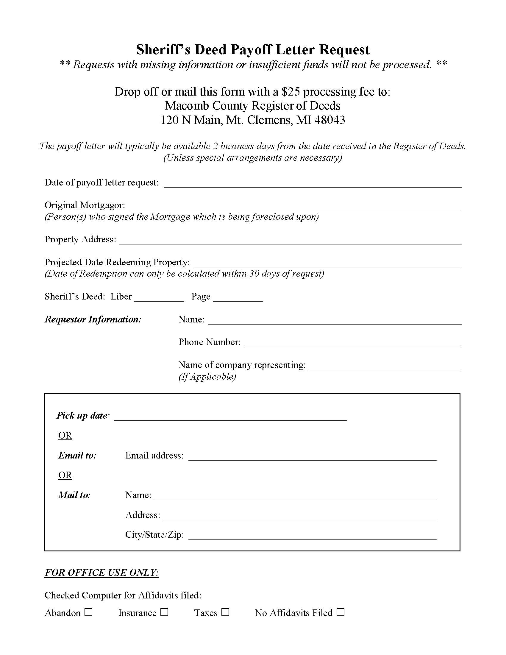 Sheriff Deed Payoff Letter Request | Pdf Fpdf Docx | Michigan