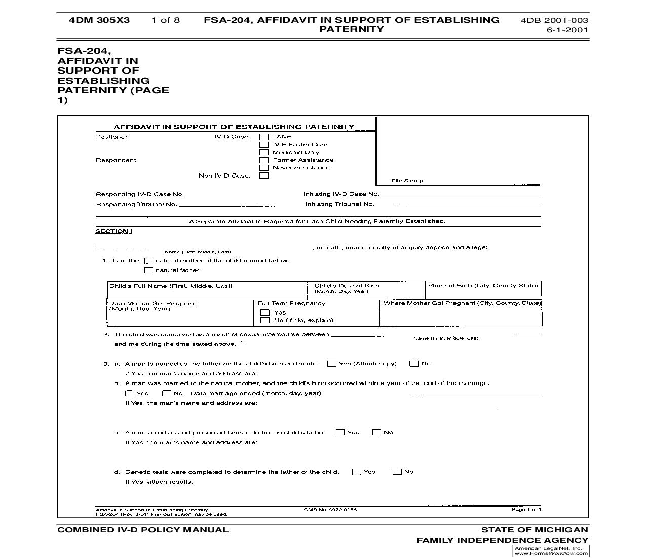 Affidavit In Support Of Establishing Paternity With Instructions {FSA-204} |  | Michigan