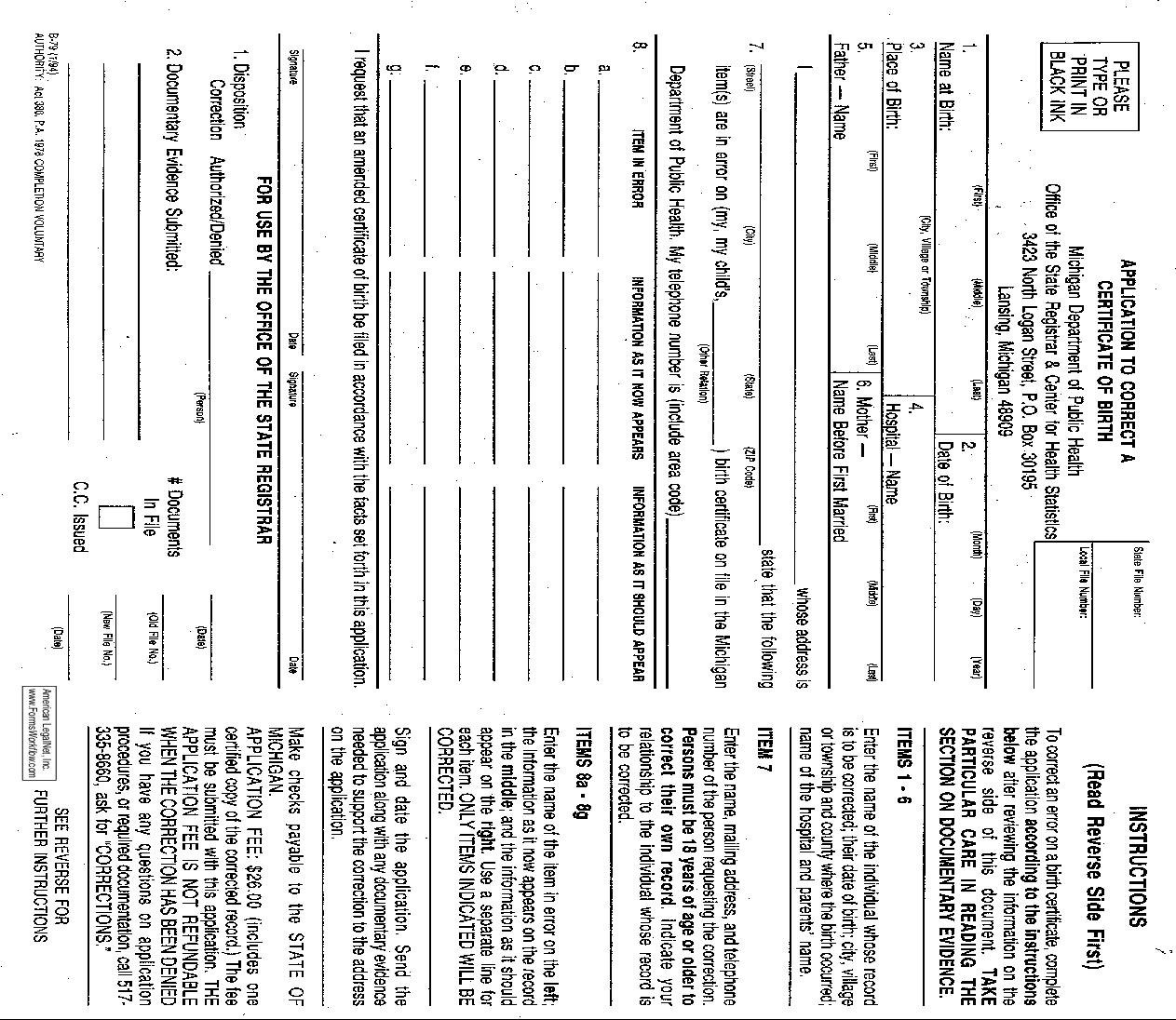 Application To Correct A Certificate Of Birth With Instructions {B-79} |  | Michigan