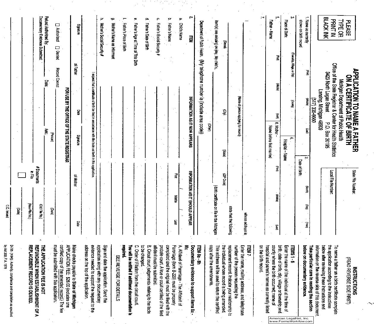 Application To Name A Father On A Certificate Of Birth With Instructions {B-79B} |  | Michigan