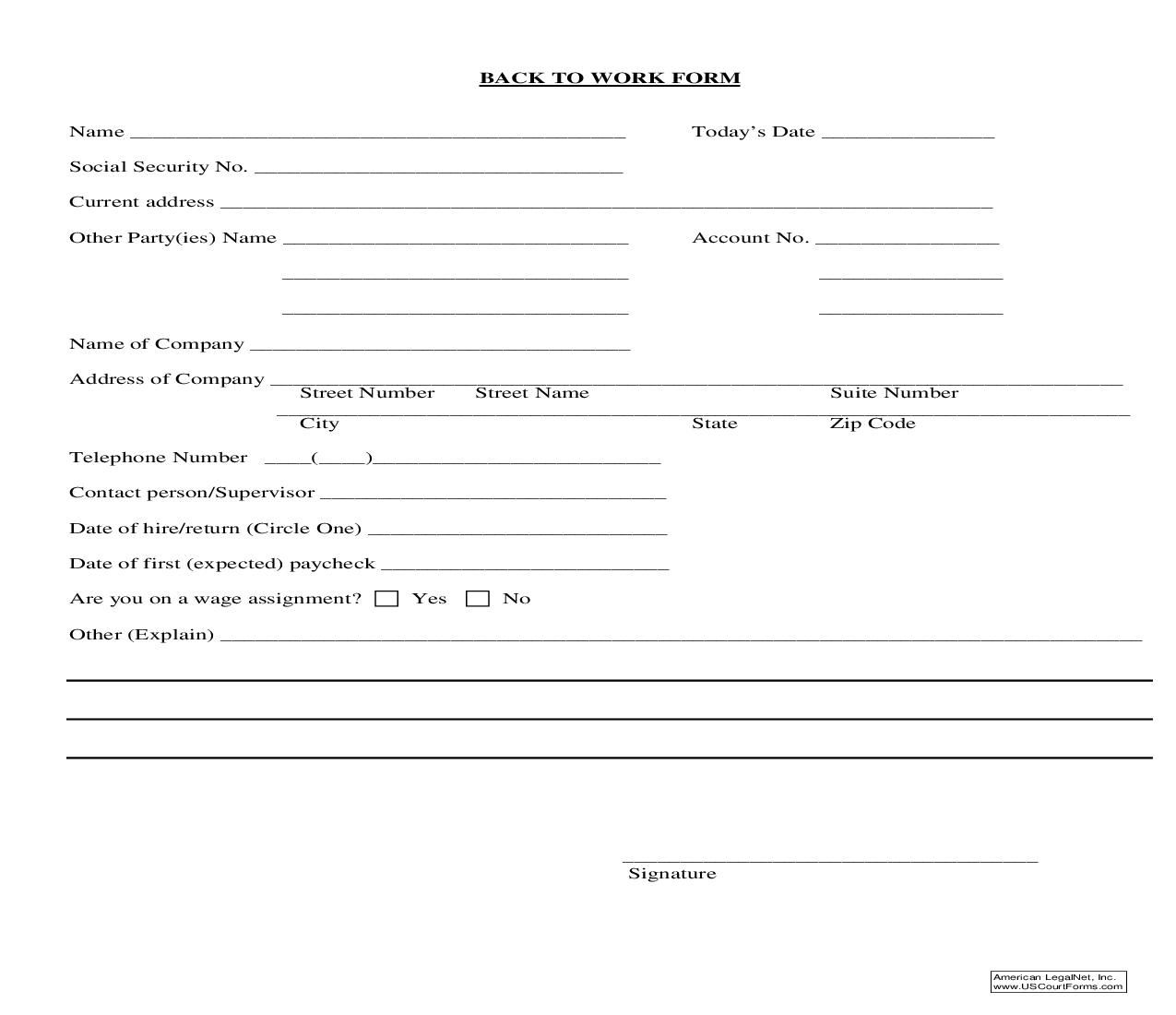 Back To Work Form | Pdf Fpdf Doc Docx | Michigan