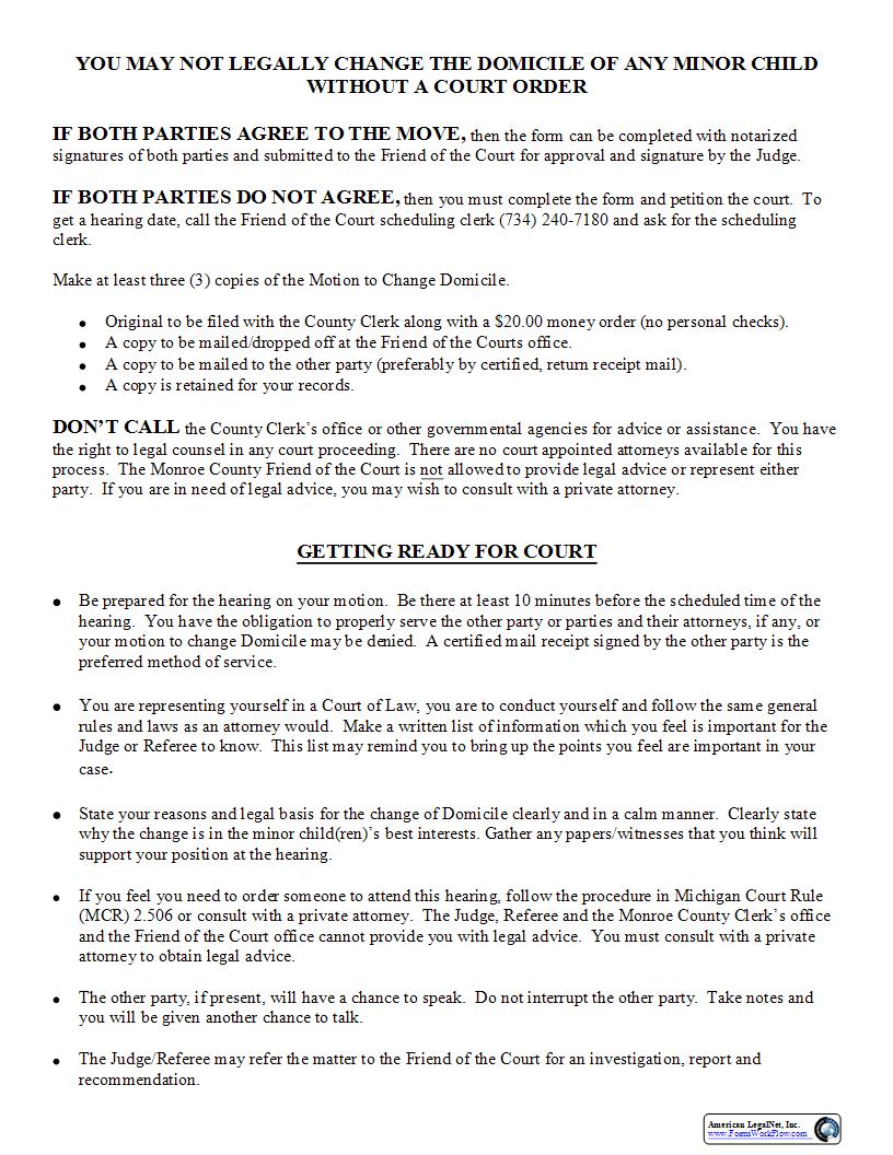 Change Of Domicile Form With Instructions {FOC 24} |  | Michigan