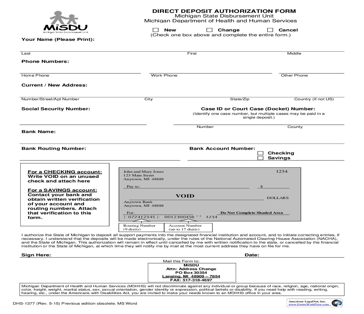 Direct Deposit Authorization Form |  | Michigan