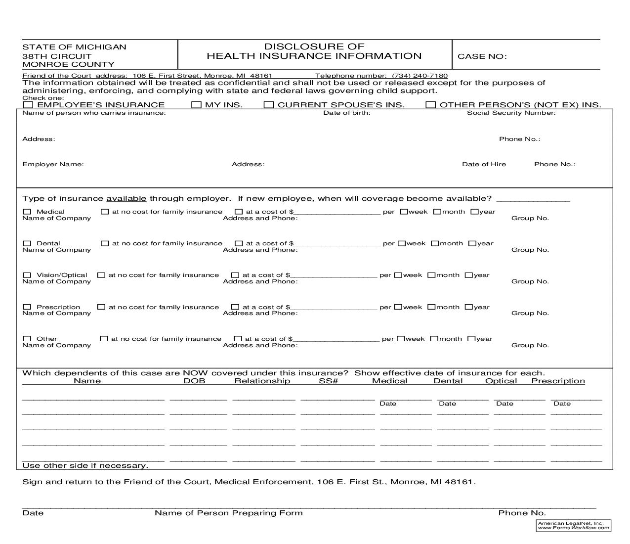 Disclosure Of Health Insurance Information | Pdf Fpdf Doc Docx | Michigan