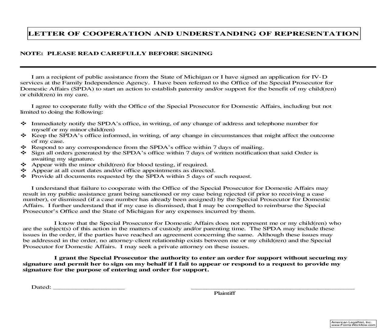 Letter Of Cooperation And Understanding Of Representation |  | Michigan