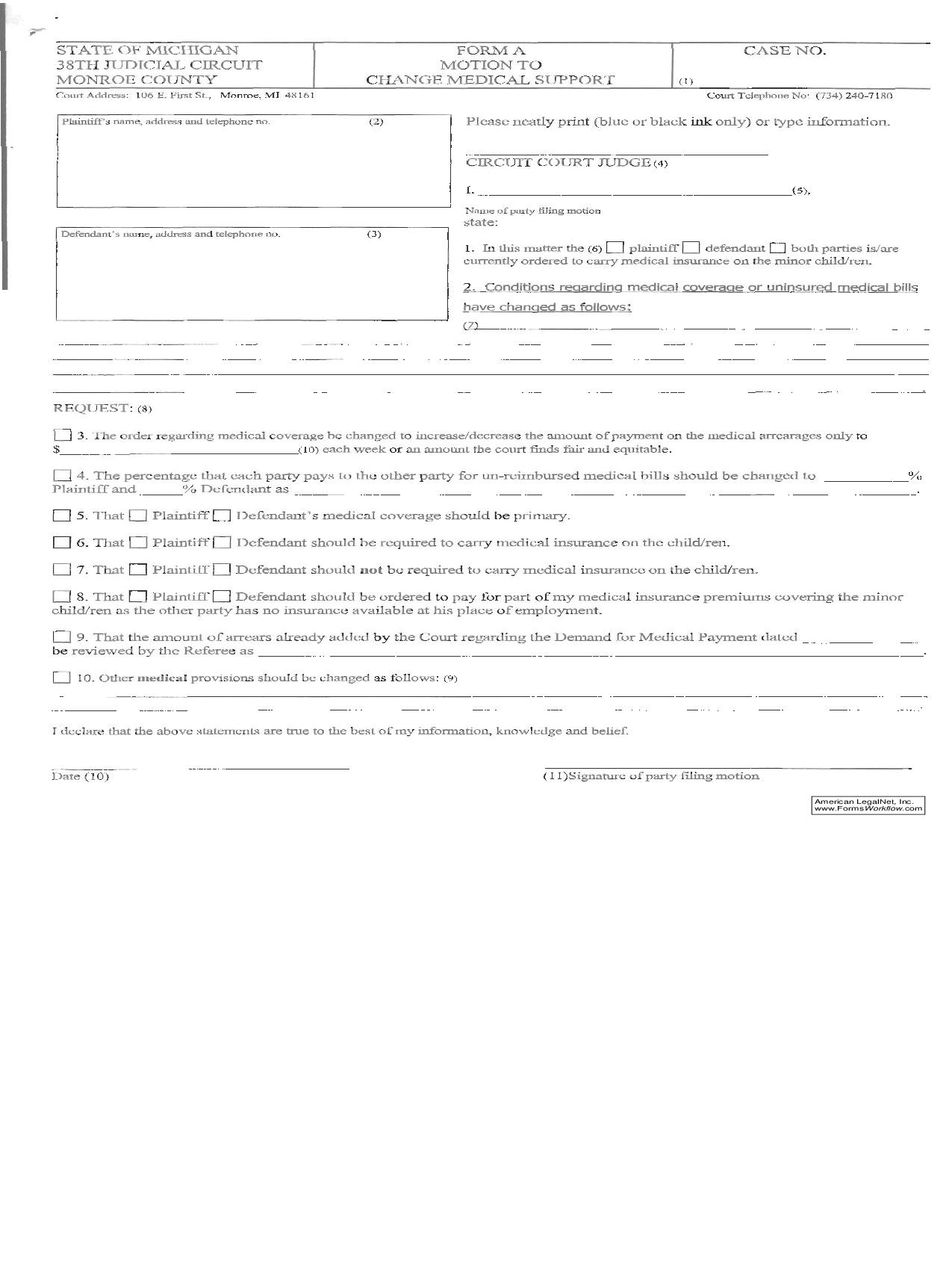 Motion To Change Medical Support With Instructions {Form A} |  | Michigan