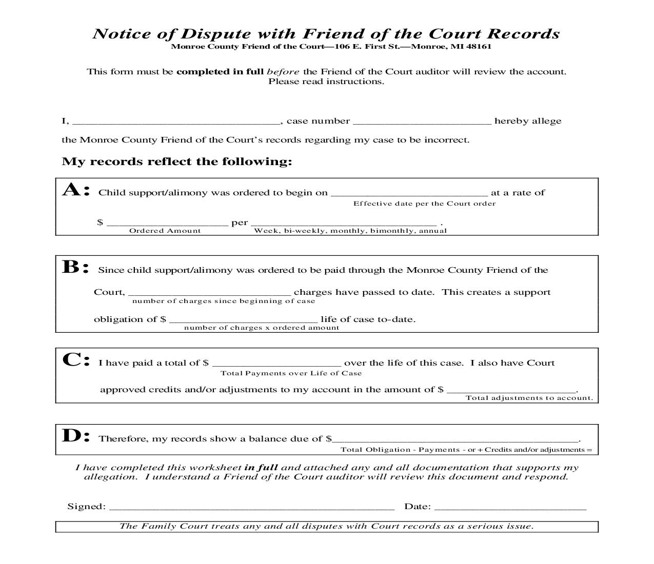 Notice Of Dispute With Friend Of The Court Records | Pdf Fpdf Doc Docx | Michigan