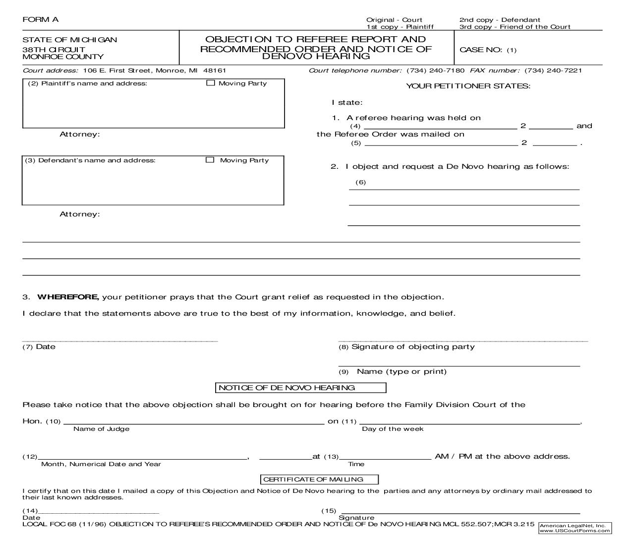 Objection To Referee Report And Recommended Order And Notice Of Denovo Hearing | Pdf Fpdf Doc Docx | Michigan