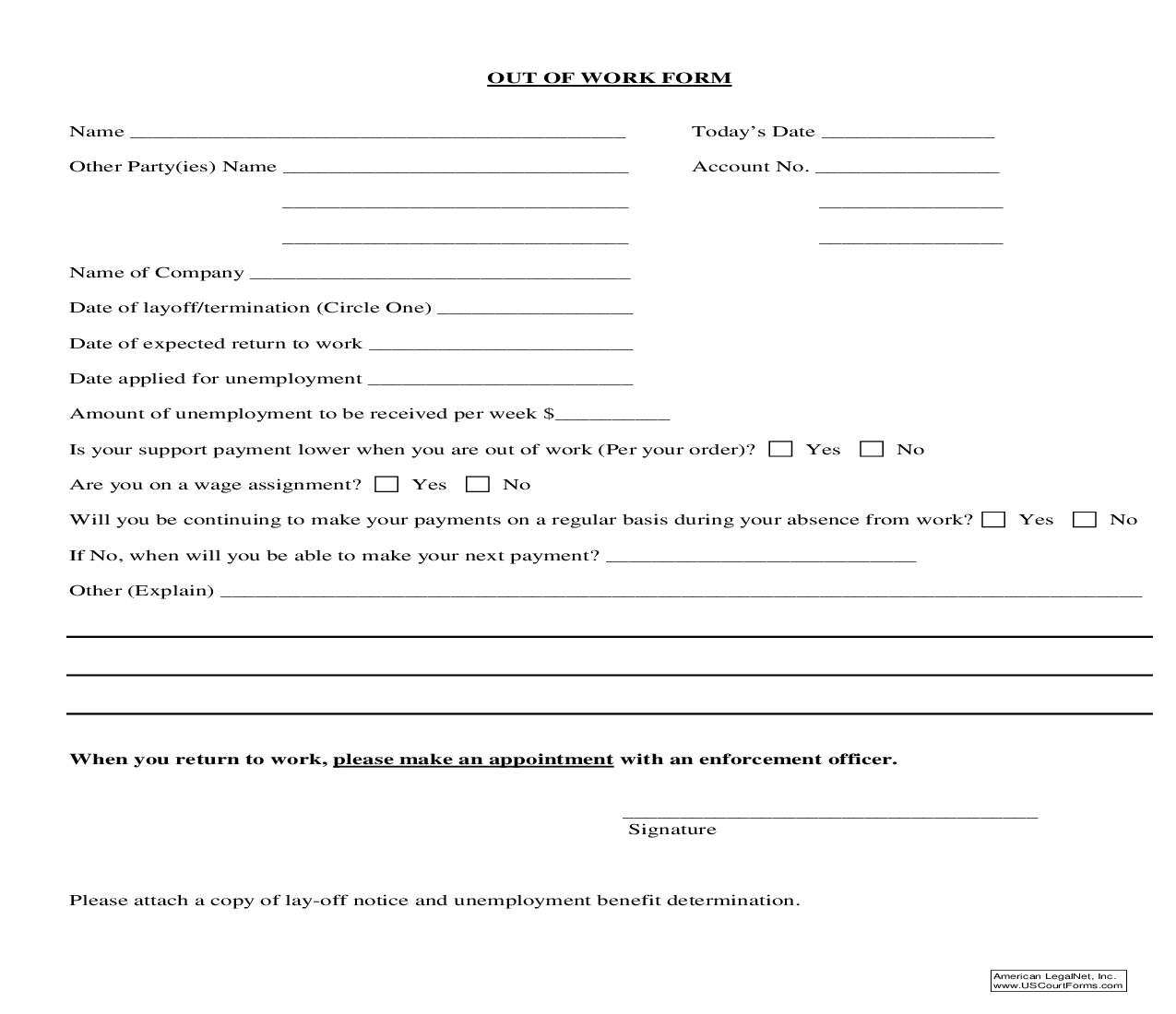 Out Of Work Form | Pdf Fpdf Doc Docx | Michigan