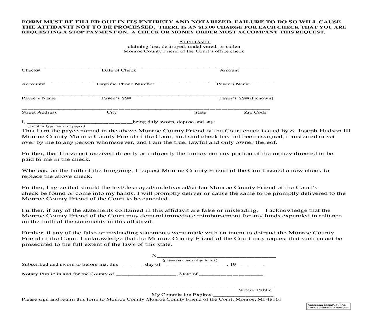 Stop Payment Affidavit |  | Michigan