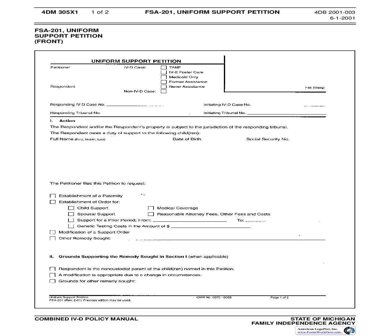 Uniform Support Petition {FSA-201} |  | Michigan