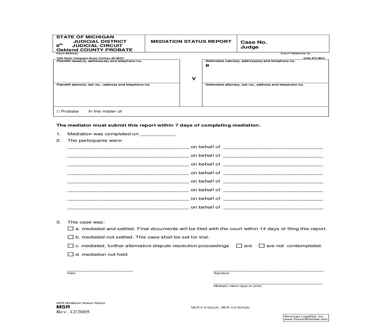 Mediation Status Report (MSR) | Pdf Fpdf Doc Docx | Michigan