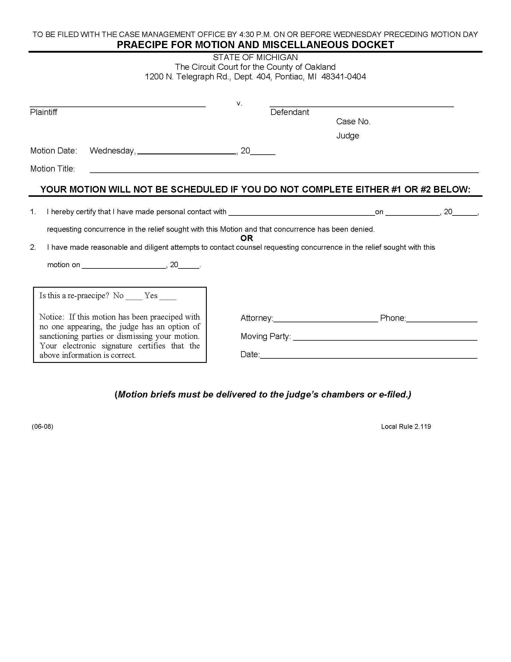 Praecipe For Motion And Miscellaneous Docket | Pdf Fpdf Doc Docx | Michigan