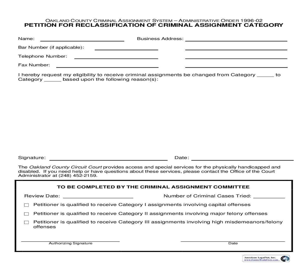Petition For Reclassification Of Criminal Assignment Category | Pdf Fpdf Doc Docx | Michigan