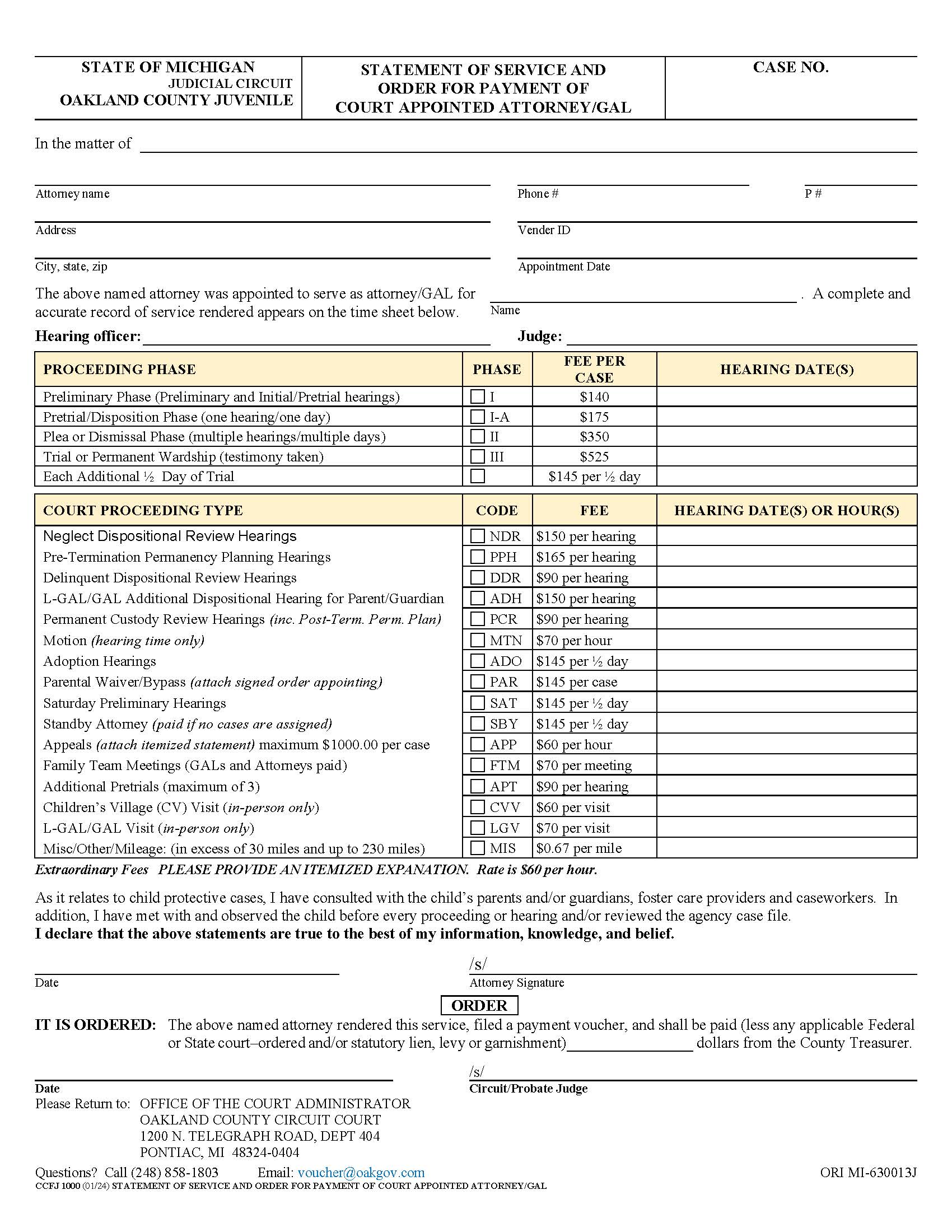 Statement Of Service And Order For Payment Of Attorney {CCFJ 1000} | Pdf Fpdf Docx | Michigan