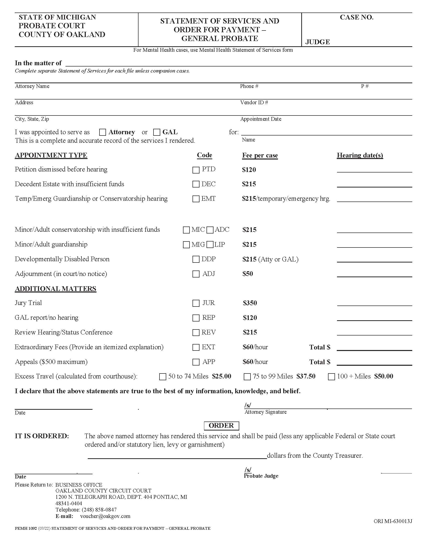 Statement Of Services And Order For Payment {PEMH 1092} | Pdf Fpdf Docx | Michigan