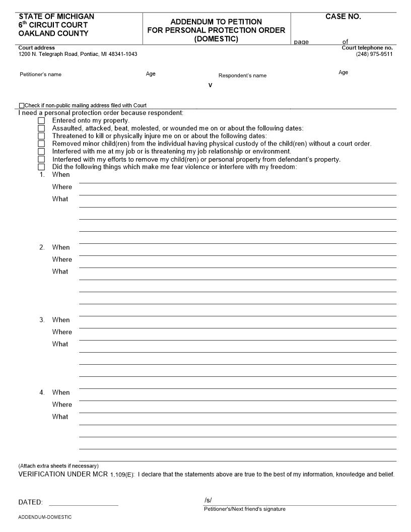 Addendum To Petition For Personal Protection Order (Domestic) {CC-PPO 11} | Pdf Fpdf Doc Docx | Michigan