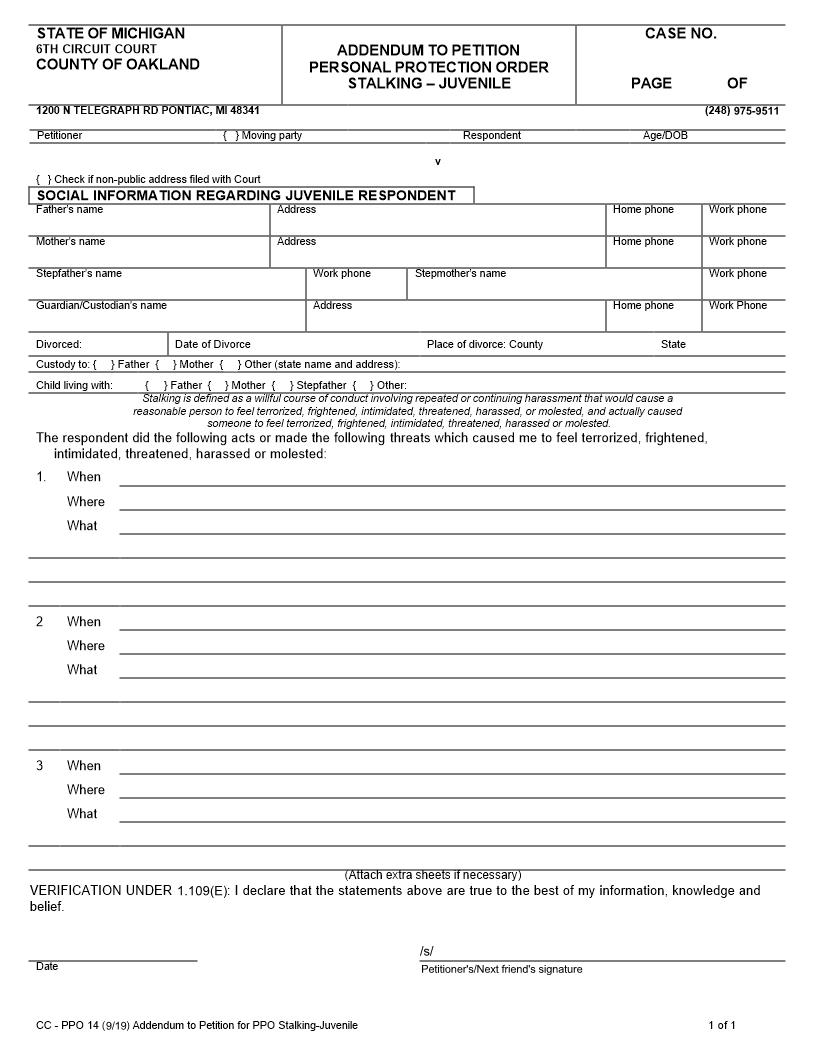 Addendum To Petition For Personal Protection Order (Stalking-Juvenile) {CC-PPO 14} | Pdf Fpdf Docx | Michigan