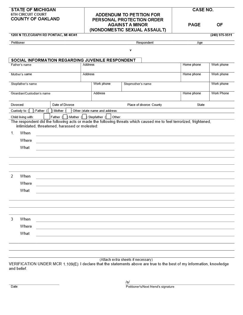Addendum To Petition For Personal Protection Order Against A Minor   {CC-PPO 15} | Pdf Fpdf Docx | Michigan
