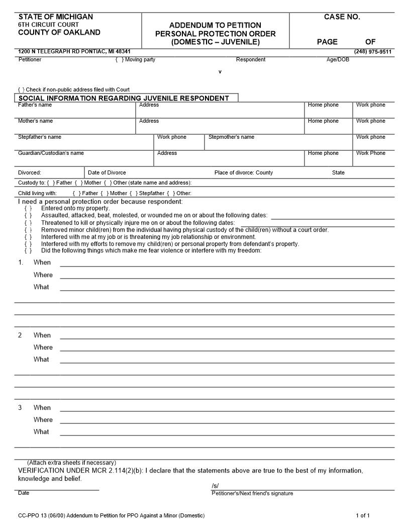 Addendum To Petition For Personal Protection Order Against A Minor (Domestic) {CC-PPO 13} | Pdf Fpdf Doc Docx | Michigan