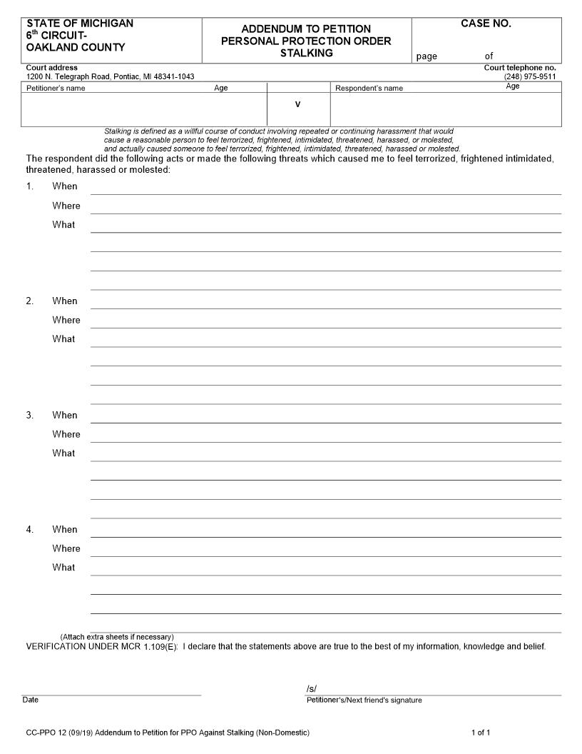 Addendum To Petition For Personal Protection Order Against Stalking (Non-Domestic) {CC-PPO 12} | Pdf Fpdf Doc Docx | Michigan