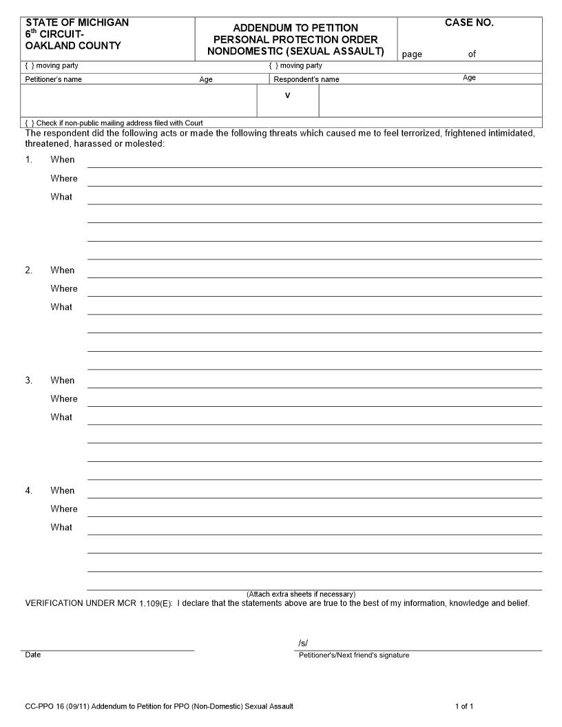 Addendum To Petition Personal Protection Order Nondomestic (Sexual Assault) {CC-PPO 16} | Pdf Fpdf Docx | Michigan
