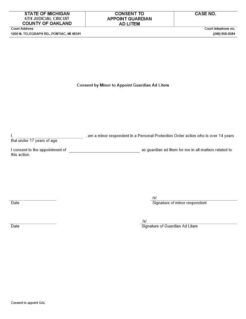 Consent To Appoint Guardian Ad Litem | Pdf Fpdf Doc Docx | Michigan