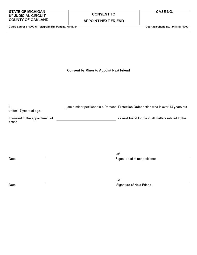 Consent To Appoint Next Friend | Pdf Fpdf Doc Docx | Michigan