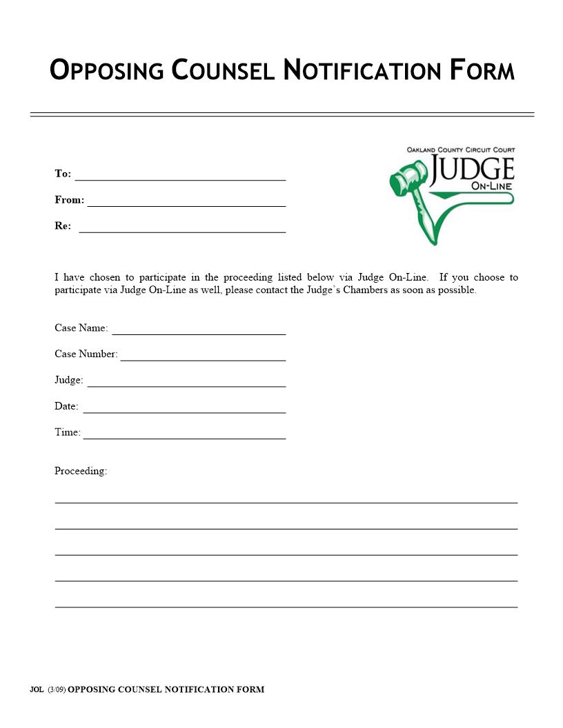 Judge On Line Opposing Counsel Notification | Pdf Fpdf Docx | Michigan