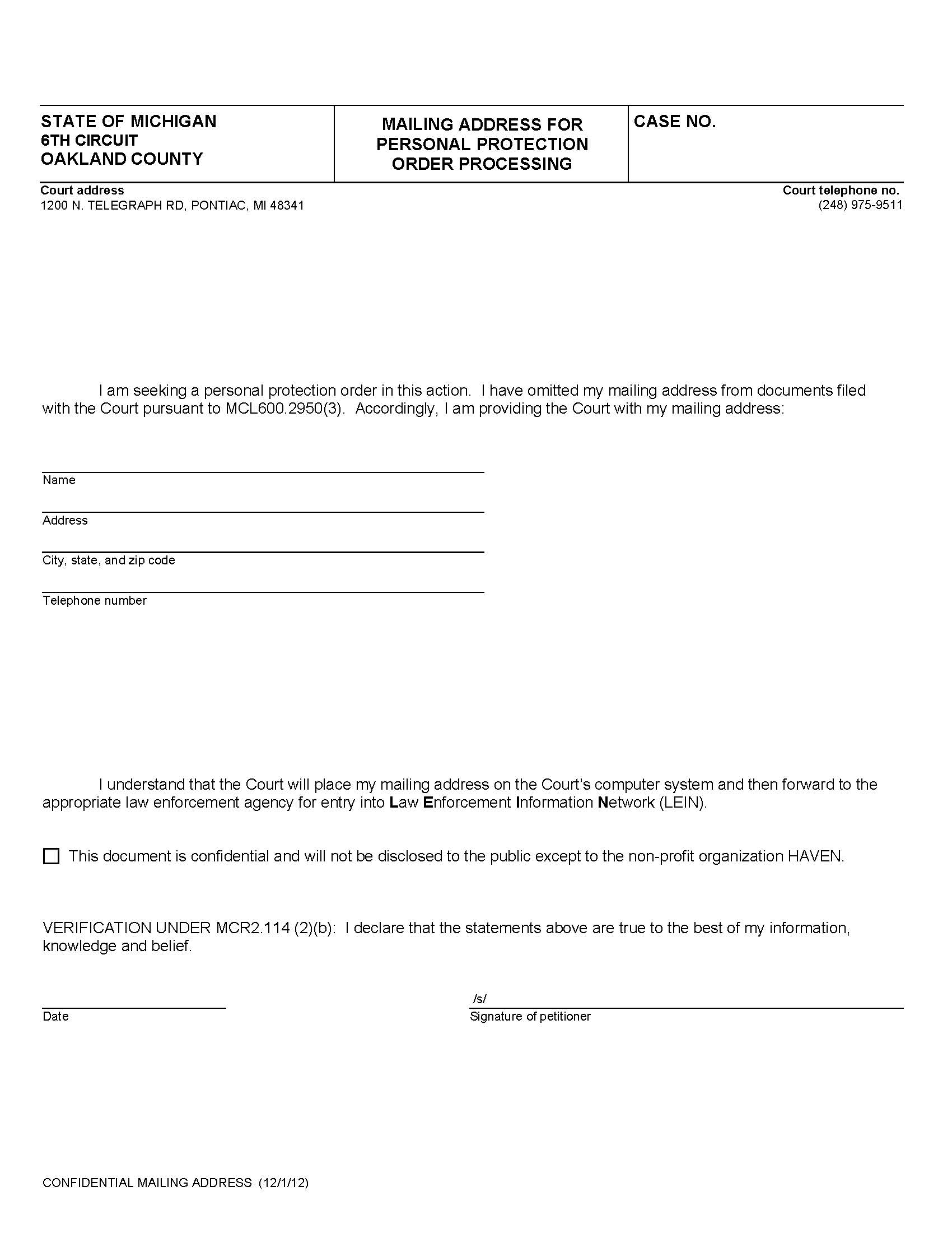 Mailing Address For Personal Protection Order Processing | Pdf Fpdf Docx | Michigan