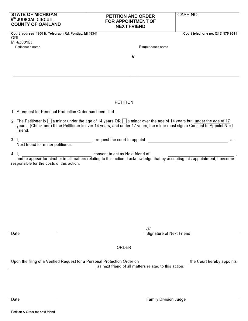 Petition And Order For Appointment Of Next Friend | Pdf Fpdf Docx | Michigan