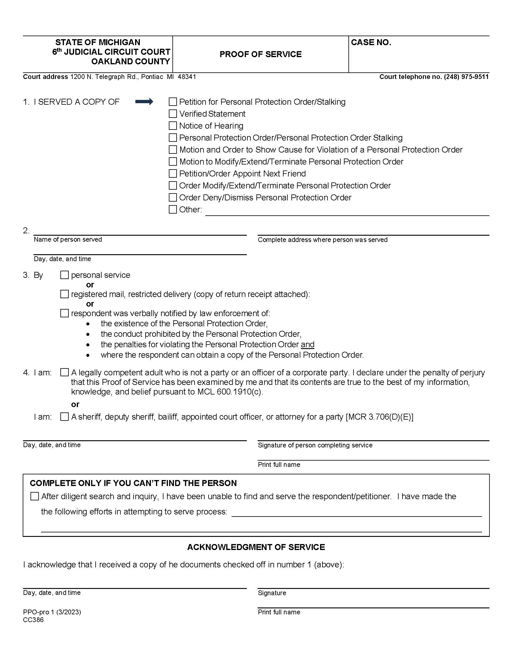 Proof Of Service {CC-PPO 1} | Pdf Fpdf Doc Docx | Michigan