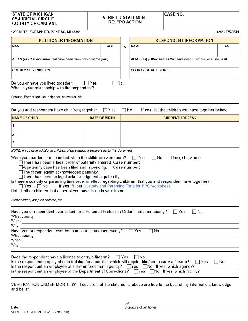 Verified Statement Re PPO Action {CC-PPO 2} | Pdf Fpdf Doc Docx | Michigan
