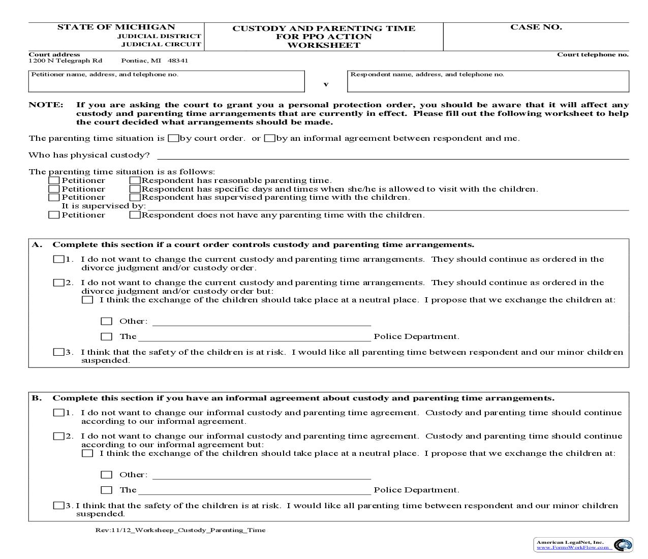 Worksheet Re Custody And Parenting Time For PPO Action {CC-PPO 4} | Pdf Fpdf Doc Docx | Michigan