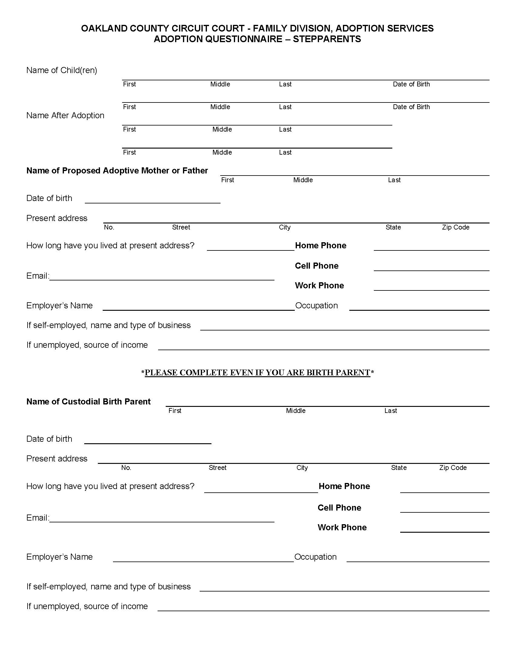 Adoption Questionnaire - Stepparents | Pdf Fpdf Doc Docx | Michigan