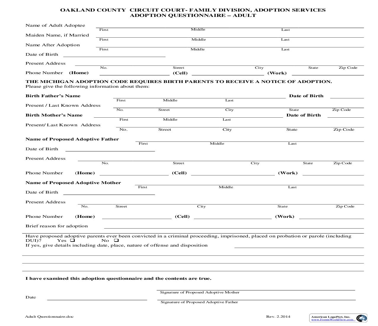 Adoption Questionnaire-Adult | Pdf Fpdf Doc Docx | Michigan
