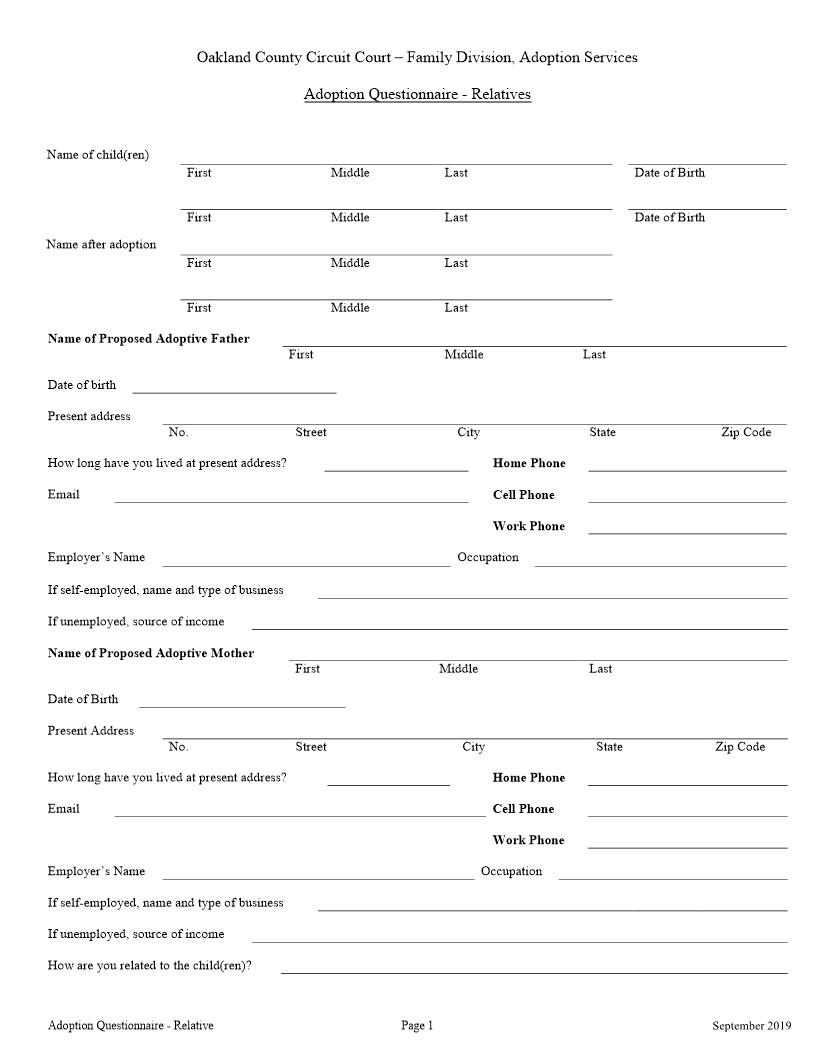 Adoption Questionnaire-Relatives | Pdf Fpdf Doc Docx | Michigan