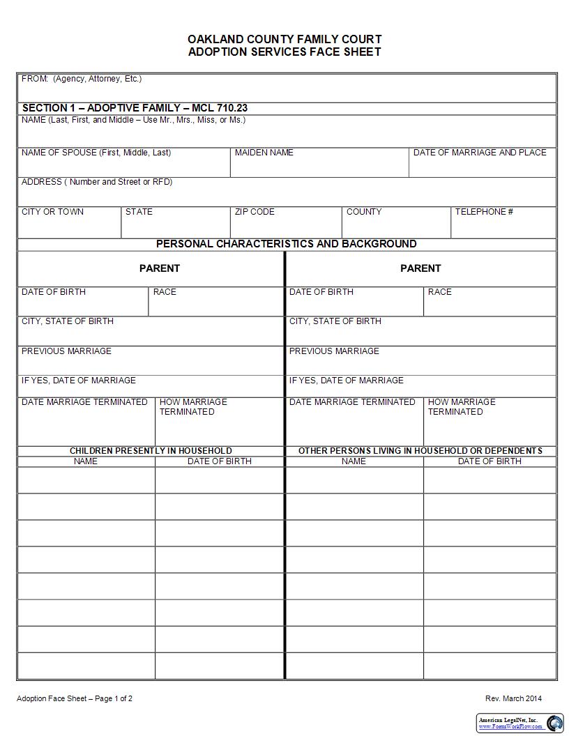 Adoption Services Face Sheet | Pdf Fpdf Docx | Michigan