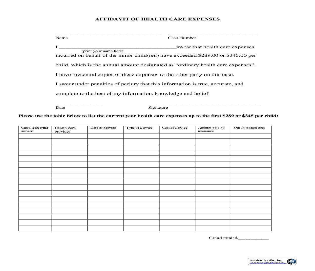 Affidavit Of Health Care Expenses | Pdf Fpdf Doc Docx | Michigan