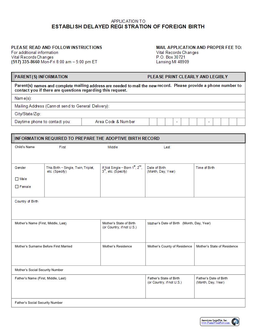 Application To Establish Delayed Registration Of Foreign Birth {DCH-0855} | Pdf Fpdf Docx | Michigan