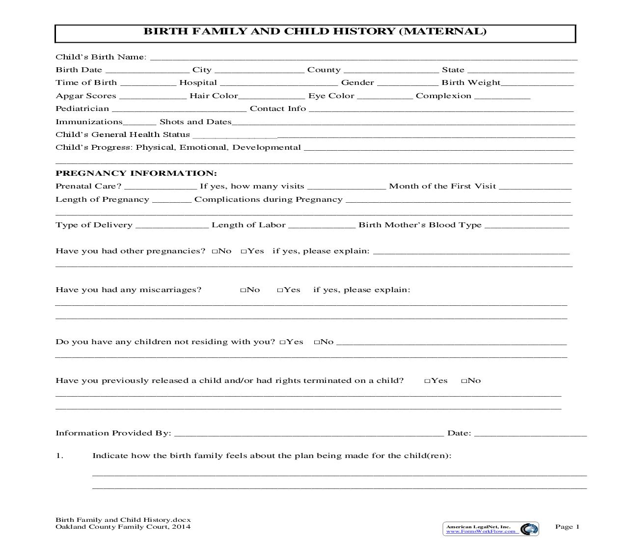 Birth Family And Child History | Pdf Fpdf Doc Docx | Michigan