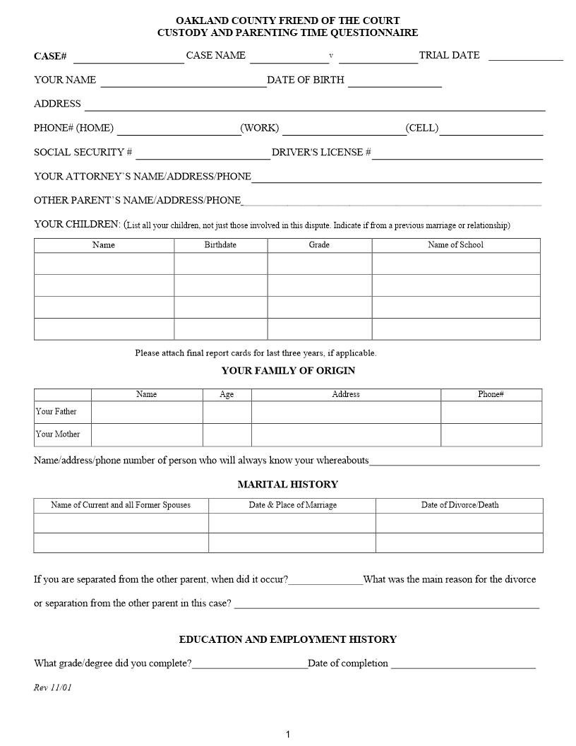 Custody And Parenting Time Questionaire | Pdf Fpdf Doc Docx | Michigan
