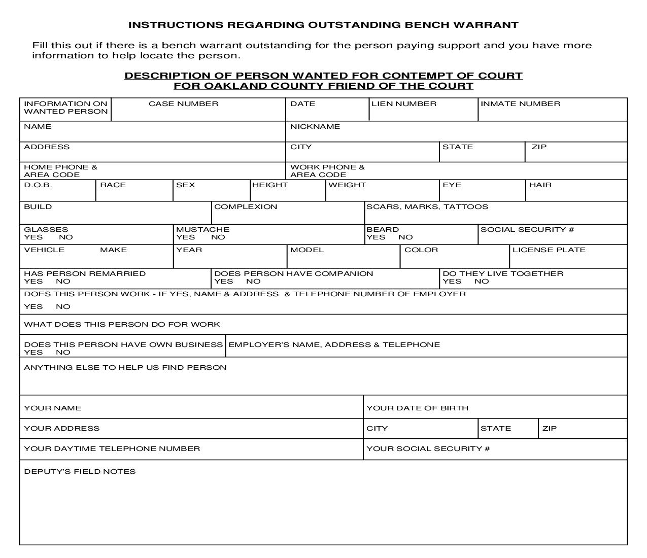 Description Of Person Wanted For Oakland County Friend Of The Court | Pdf Fpdf Doc Docx | Michigan