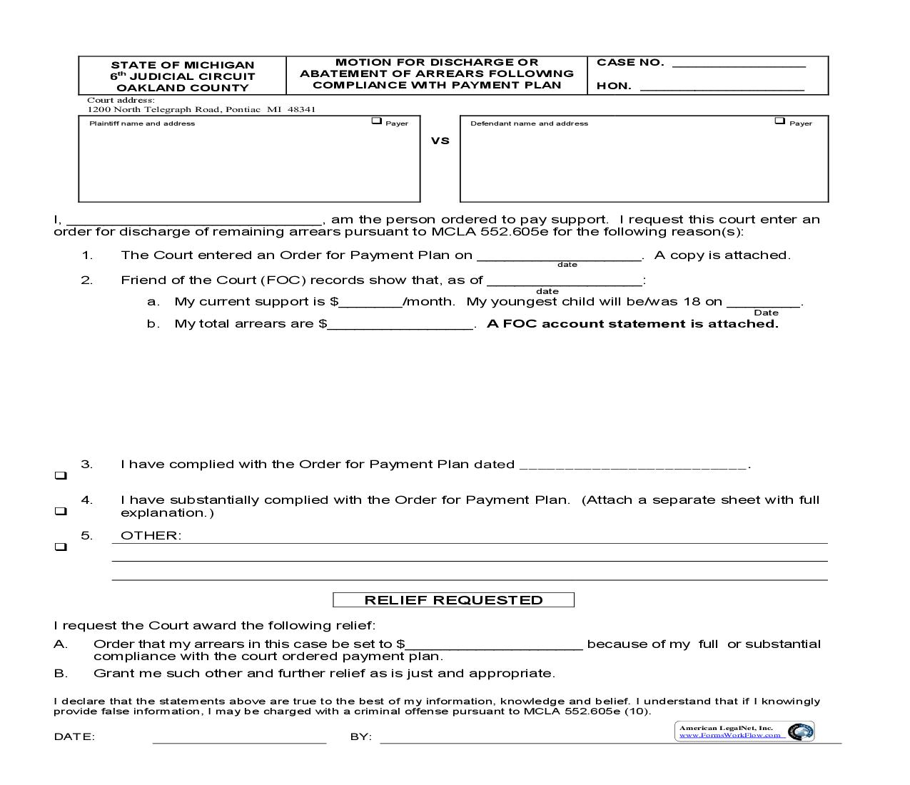 Motion For Discharge Or Abatement Of Arrears Following compliance With Payment Plan | Pdf Fpdf Doc Docx | Michigan