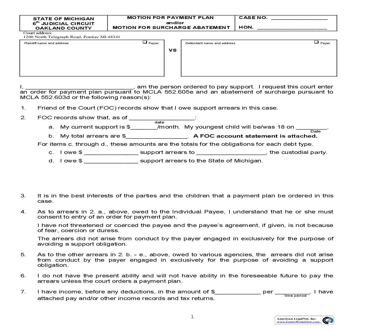 Motion For Payment Plan And Motion For Surcharge Abatement | Pdf Fpdf Doc Docx | Michigan
