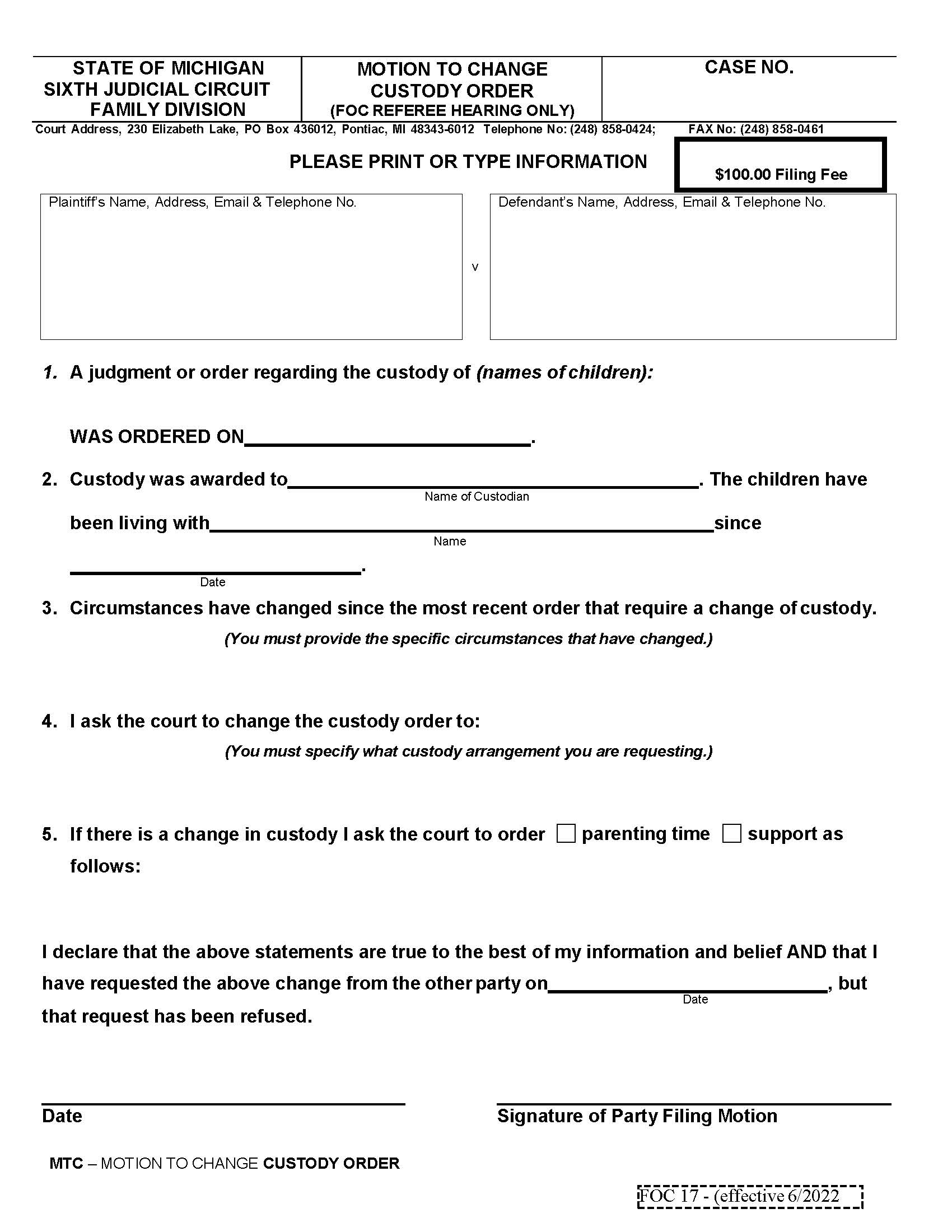 Motion To Change Custody Order | Pdf Fpdf Doc Docx | Michigan