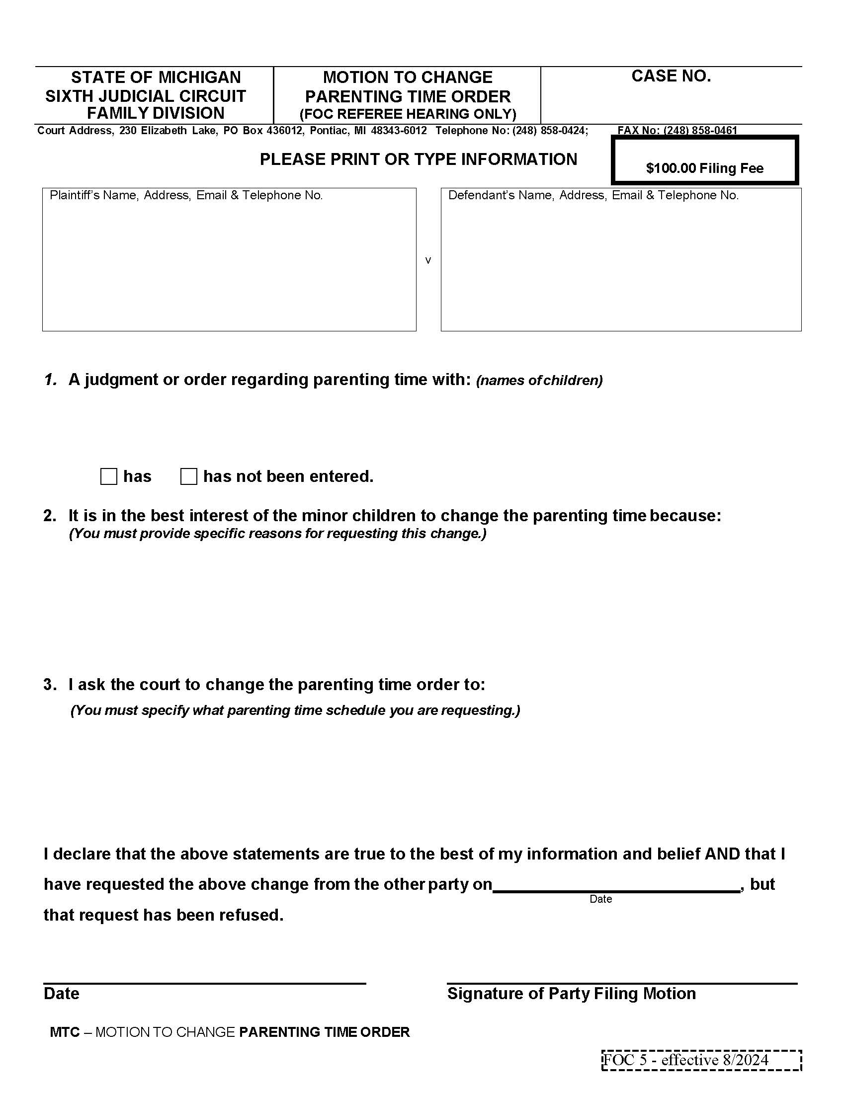 Motion To Change Parenting Time Order | Pdf Fpdf Doc Docx | Michigan