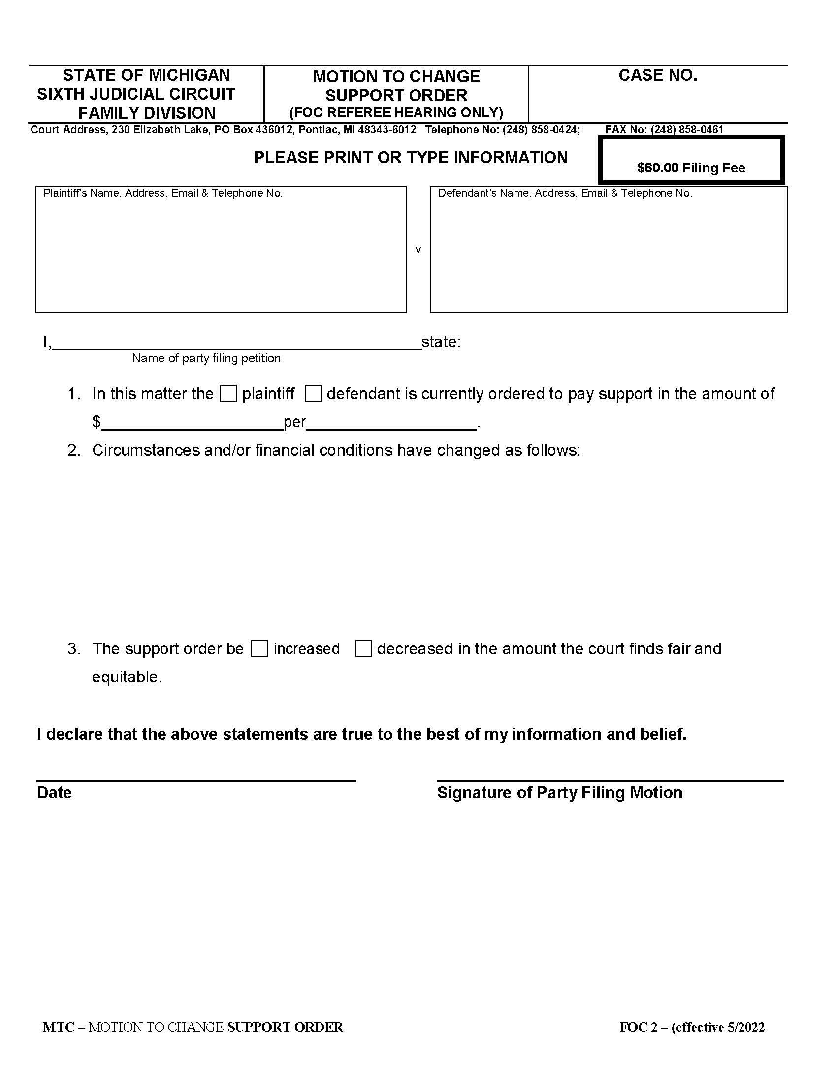 Motion To Change Support Order | Pdf Fpdf Doc Docx | Michigan